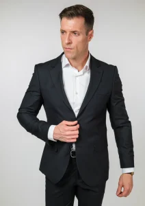 Crno vuneno muško dvodelno odelo elegantan prednji prikaz