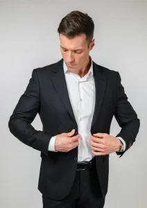 Crno vuneno muško dvodelno odelo elegantan gornji prikaz
