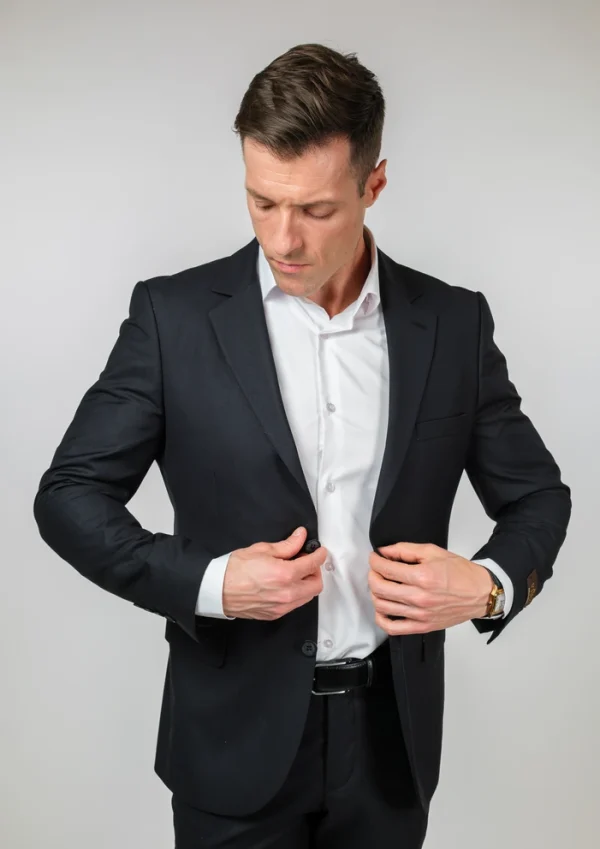 Crno vuneno muško dvodelno odelo elegantan gornji prikaz