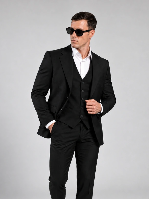 Crno Muško slim fit trodelno odelo - Napoli Fit poziranje sa naocalima